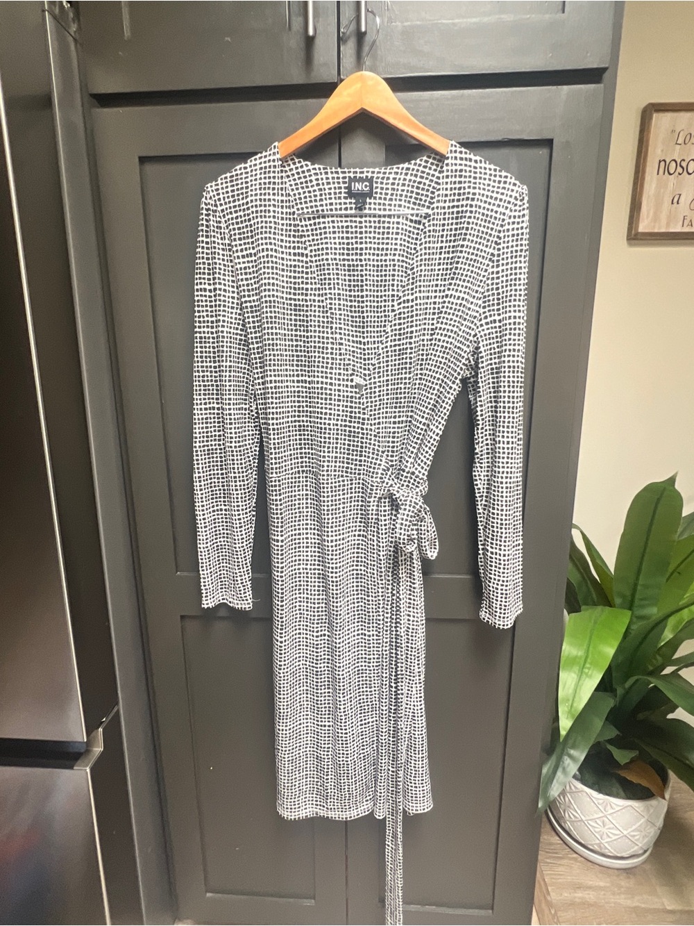 INC International Concepts Black and White Long-Sleeve Wrap Dress